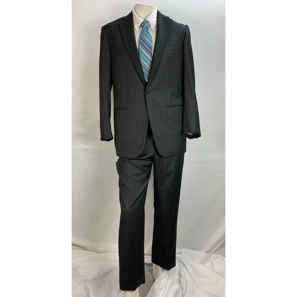 $15K MENS 40R ERMENEGILDO ZEGNA HAND MADE Pinstripe Charcoal BLACK TUXEDO SUIT - Picture 2 of 12